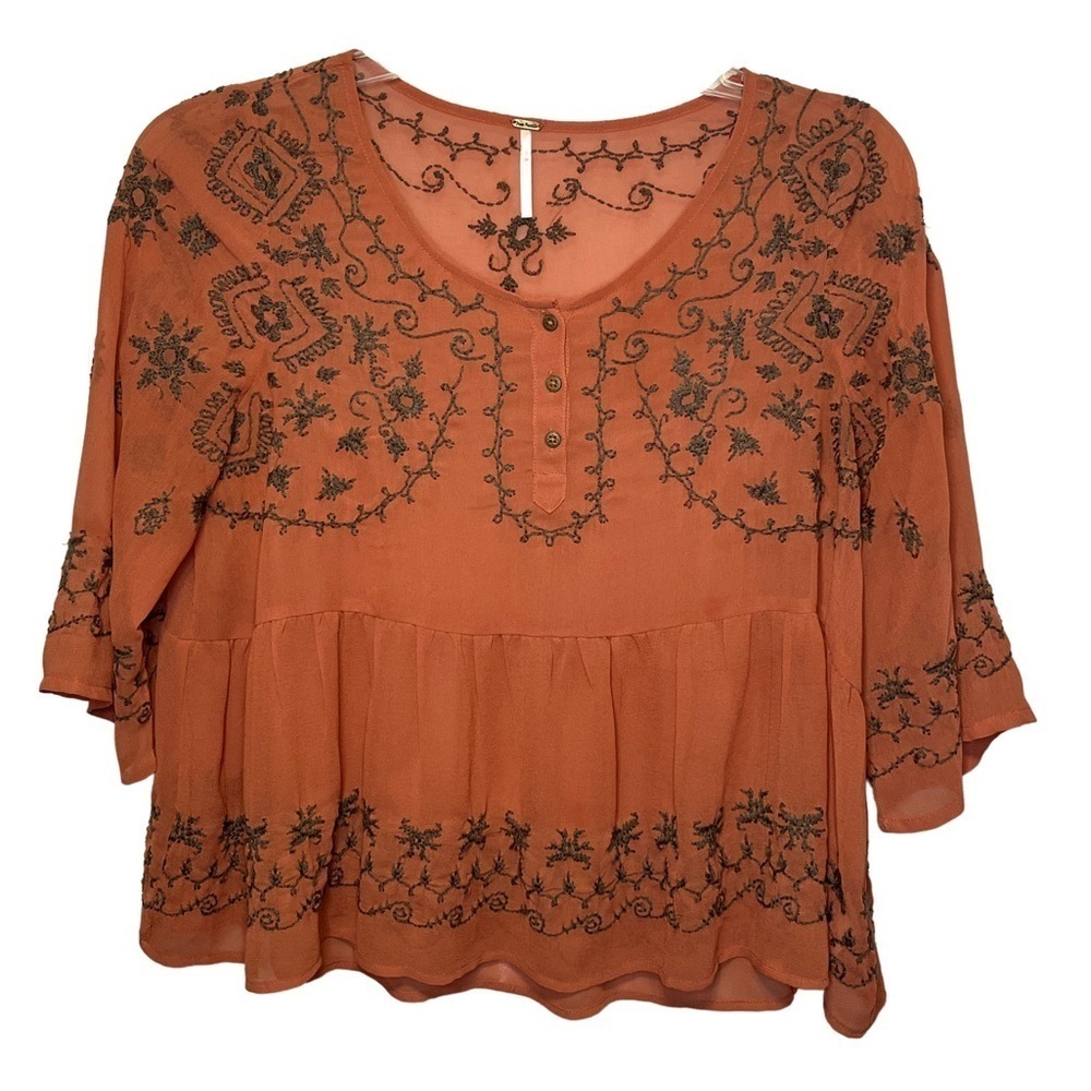 Free People Pennies Sequel Embroidered Peasant Semi-Sheer Blouse Sz M - Picture 6 of 12